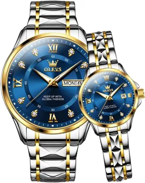OLEVS Couple Quartz Watch Luminous Calendar Date Business Formal Luxury Men's and Women's Watch Waterproof Casual Stainless Steel Couple Wedding Romantic Watch 2 Pieces