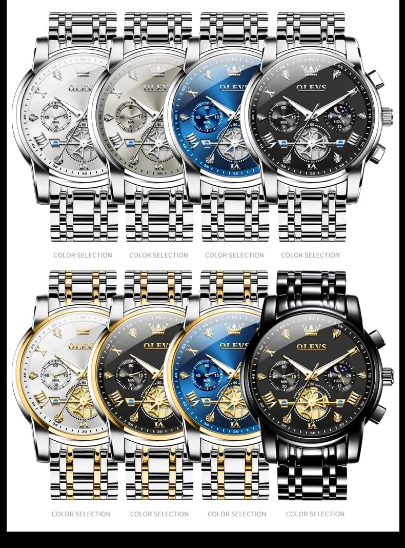 OLEVS Men Silver Watches,Men's Stainless Steel Chronograph Watch,Man Analog Quartz Big Face Male Watches Luxury Waterproof Roman Numeral Dress Diamond Relojes para Hombre