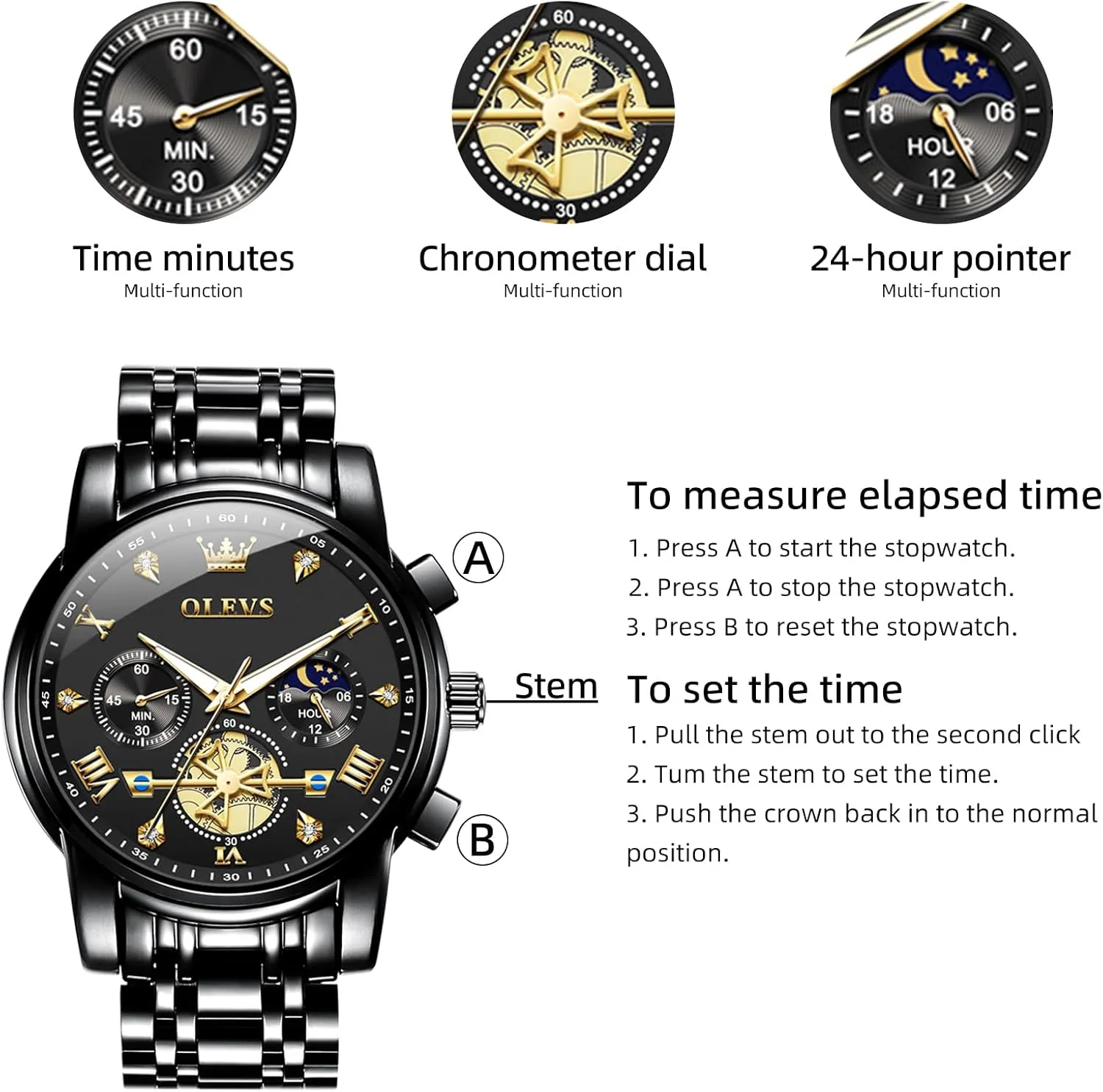 OLEVS Men Silver Watches,Men's Stainless Steel Chronograph Watch,Man Analog Quartz Big Face Male Watches Luxury Waterproof Roman Numeral Dress Diamond Relojes para Hombre