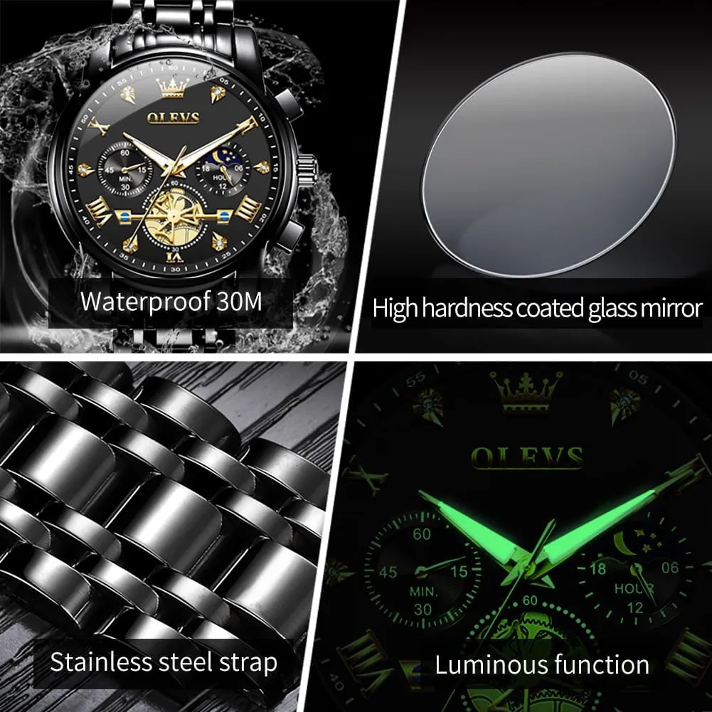 OLEVS Men Silver Watches,Men's Stainless Steel Chronograph Watch,Man Analog Quartz Big Face Male Watches Luxury Waterproof Roman Numeral Dress Diamond Relojes para Hombre