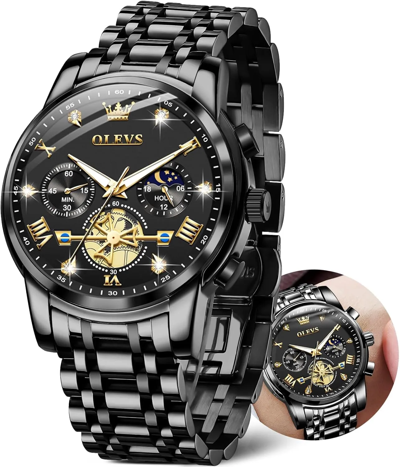 OLEVS Men Silver Watches,Men's Stainless Steel Chronograph Watch,Man Analog Quartz Big Face Male Watches Luxury Waterproof Roman Numeral Dress Diamond Relojes para Hombre