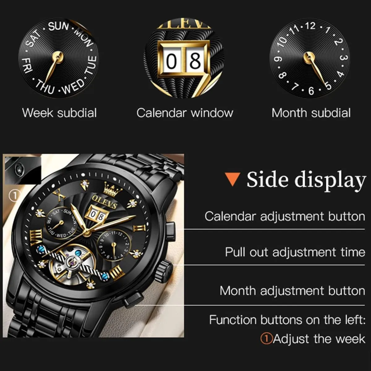 OLEVS Mens Automatic Watches Gold Luxury Diamond Dress Self Winding Mechanical Skeleton Tourbillon Stainless Steel Wrist Watch