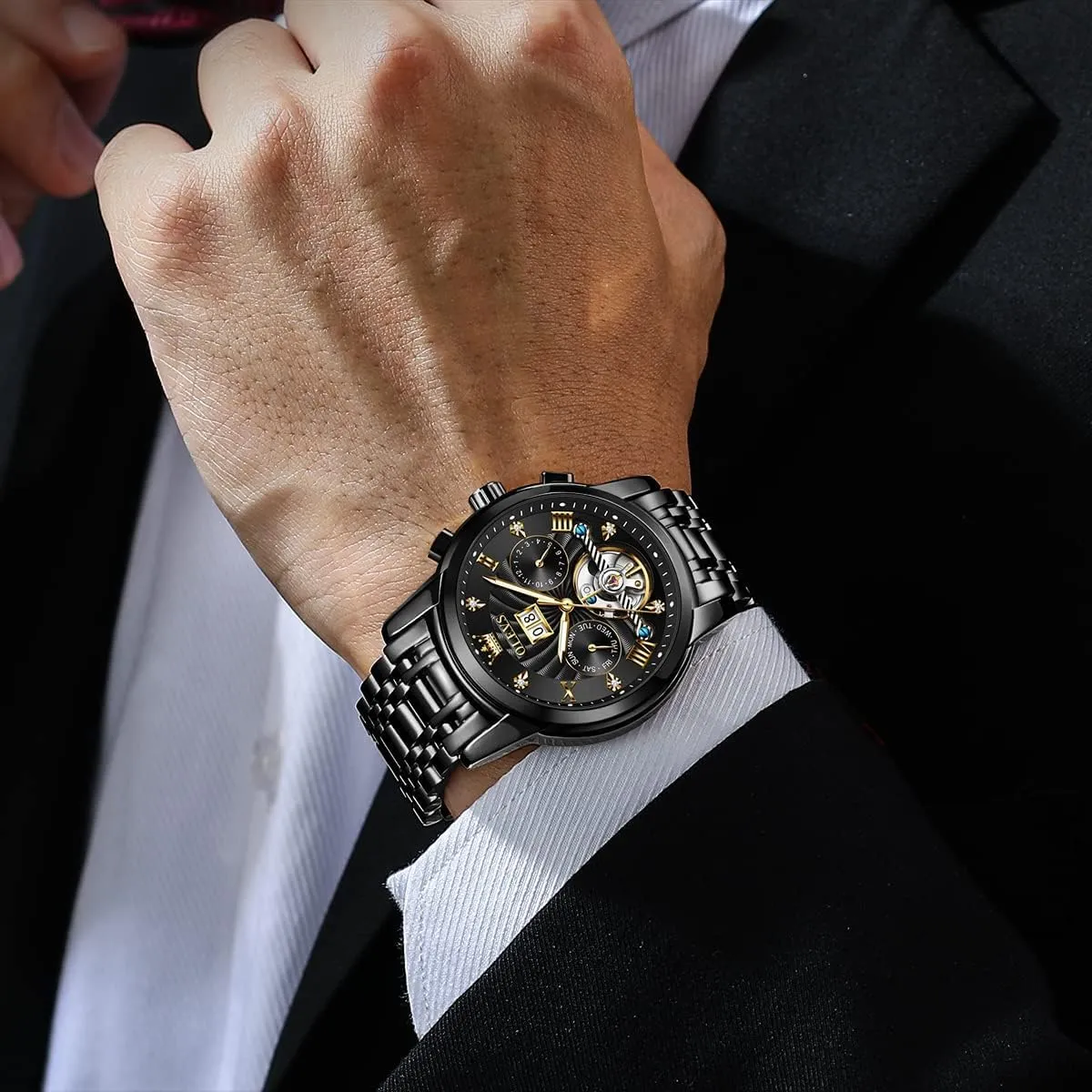 OLEVS Mens Automatic Watches Gold Luxury Diamond Dress Self Winding Mechanical Skeleton Tourbillon Stainless Steel Wrist Watch