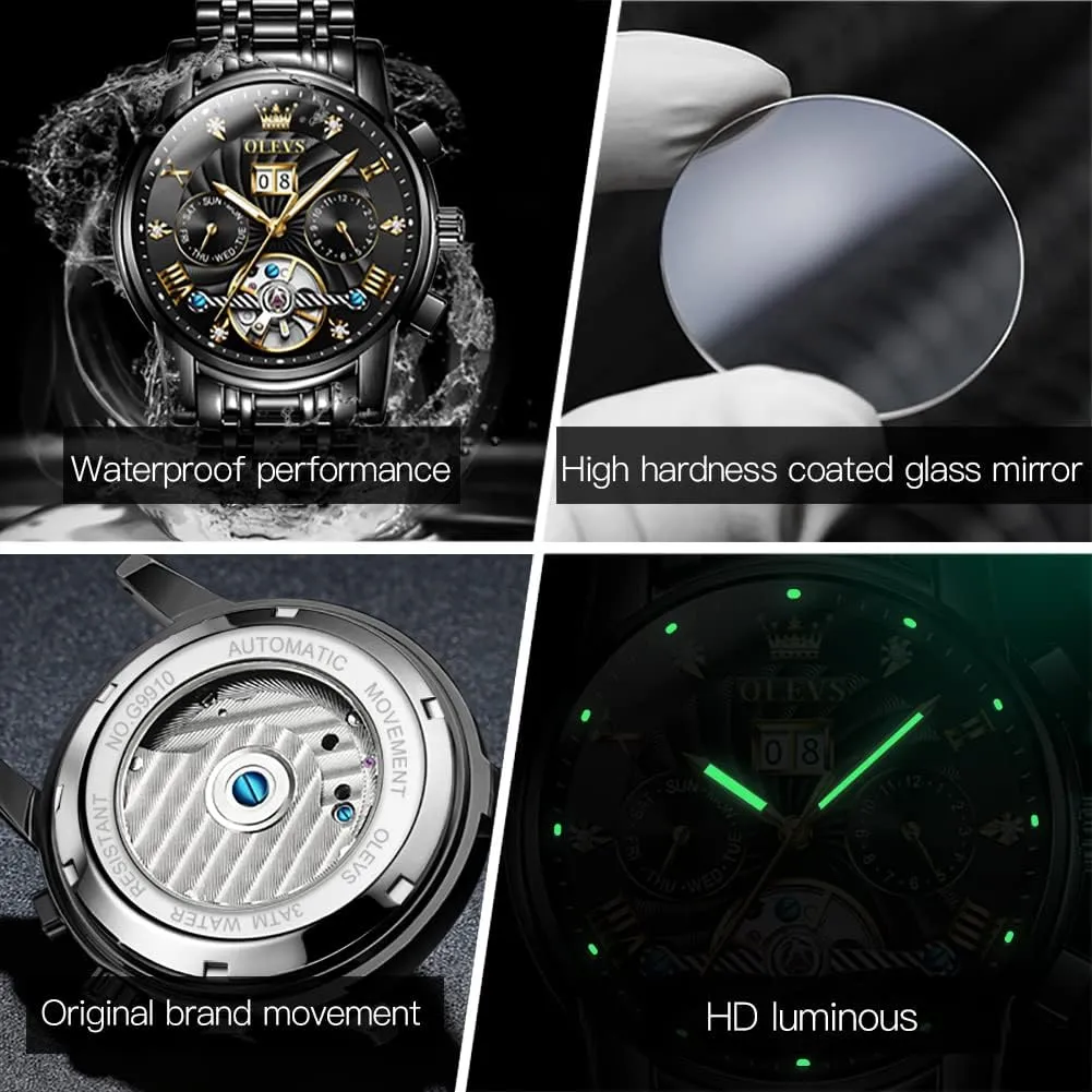 OLEVS Mens Automatic Watches Gold Luxury Diamond Dress Self Winding Mechanical Skeleton Tourbillon Stainless Steel Wrist Watch