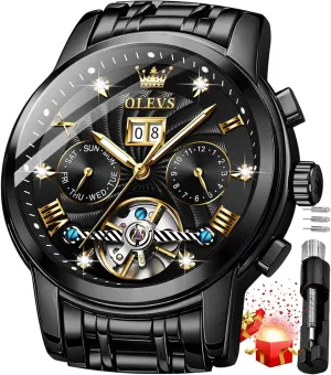 OLEVS Mens Automatic Watches Gold Luxury Diamond Dress Self Winding Mechanical Skeleton Tourbillon Stainless Steel Wrist Watch