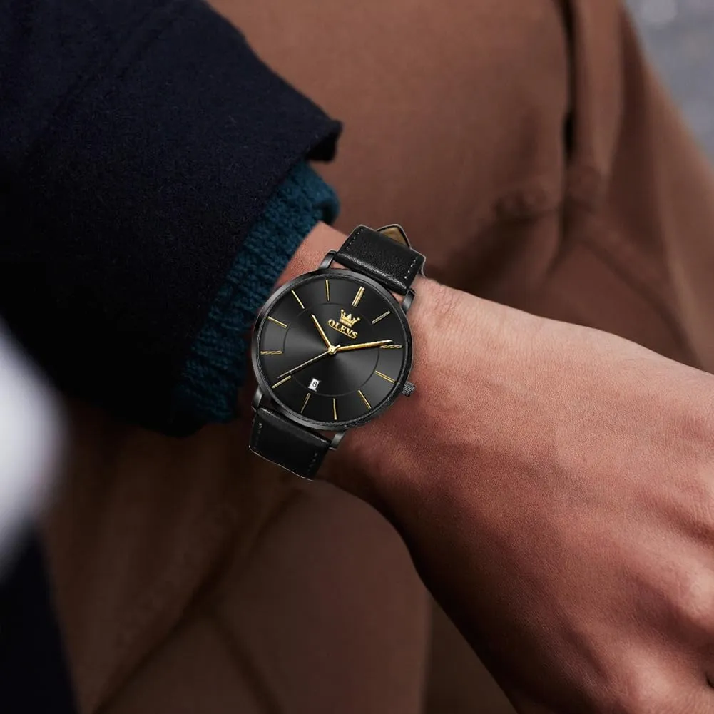 OLEVS Mens Watches Mens Leather Watch Ultra Thin Watches for Men Minimalist Watch with Leather Band Quartz Analog Dress Casual Simple Lightweight relojes para Hombres