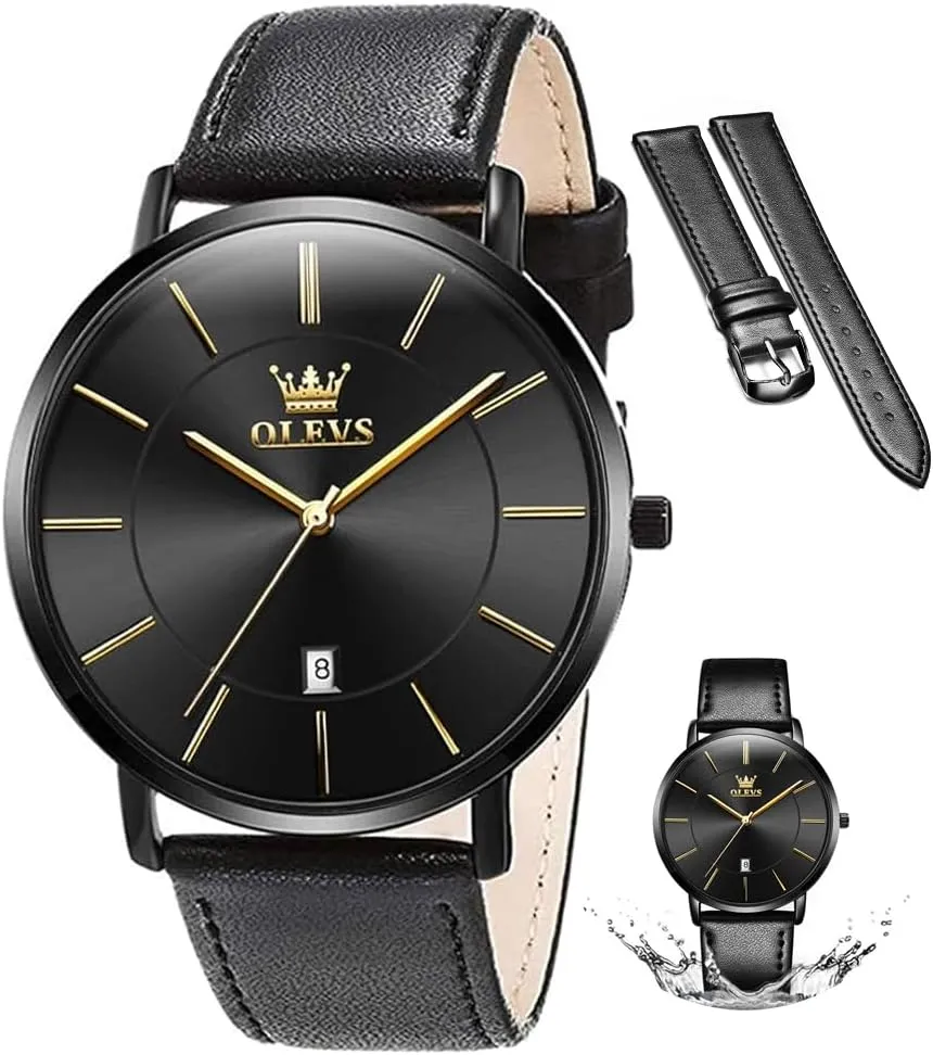 OLEVS Mens Watches Mens Leather Watch Ultra Thin Watches for Men Minimalist Watch with Leather Band Quartz Analog Dress Casual Simple Lightweight relojes para Hombres