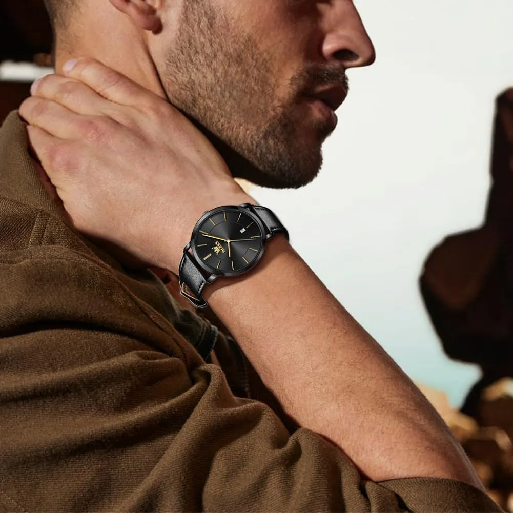 OLEVS Mens Watches Mens Leather Watch Ultra Thin Watches for Men Minimalist Watch with Leather Band Quartz Analog Dress Casual Simple Lightweight relojes para Hombres