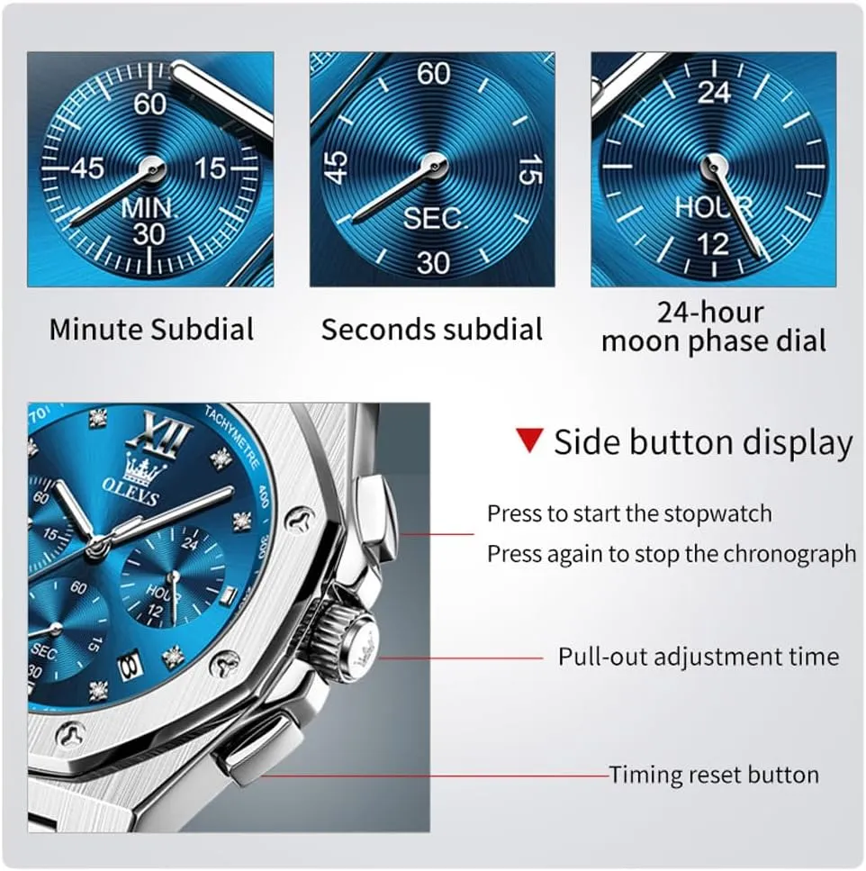 OLEVS Mens Watches Octagonal Luxury Stainless Steel Dress Watches for Men Quartz Analog Large Face Luminous Relojes para Hombres