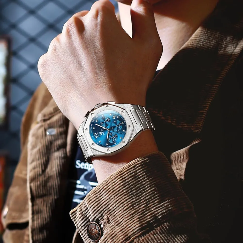 OLEVS Mens Watches Octagonal Luxury Stainless Steel Dress Watches for Men Quartz Analog Large Face Luminous Relojes para Hombres