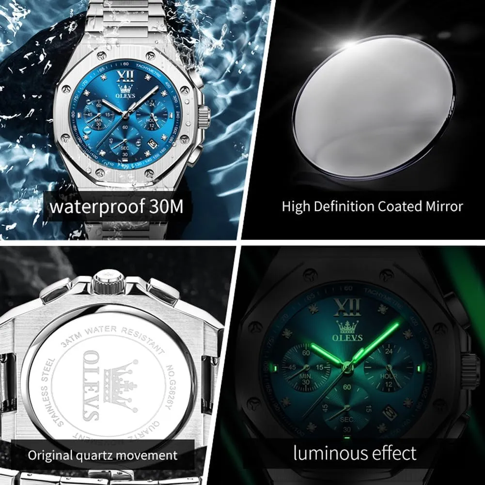 OLEVS Mens Watches Octagonal Luxury Stainless Steel Dress Watches for Men Quartz Analog Large Face Luminous Relojes para Hombres