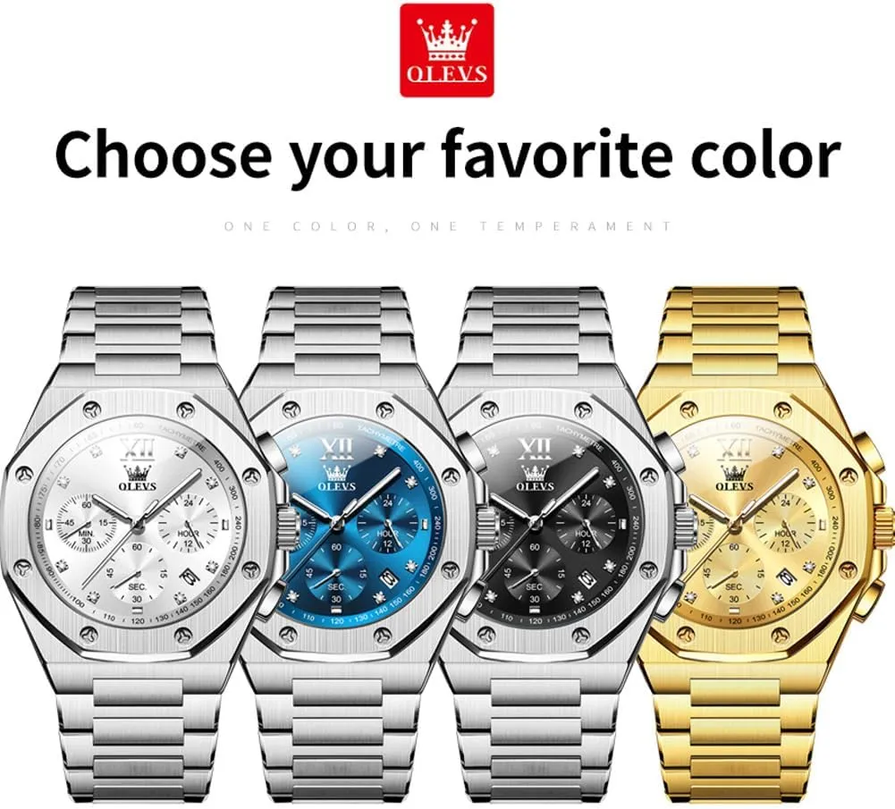 OLEVS Mens Watches Octagonal Luxury Stainless Steel Dress Watches for Men Quartz Analog Large Face Luminous Relojes para Hombres