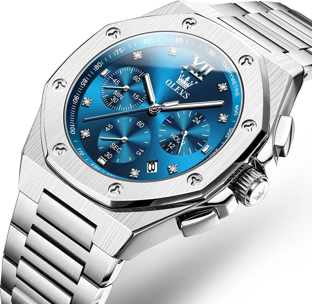 OLEVS Mens Watches Octagonal Luxury Stainless Steel Dress Watches for Men Quartz Analog Large Face Luminous Relojes para Hombres