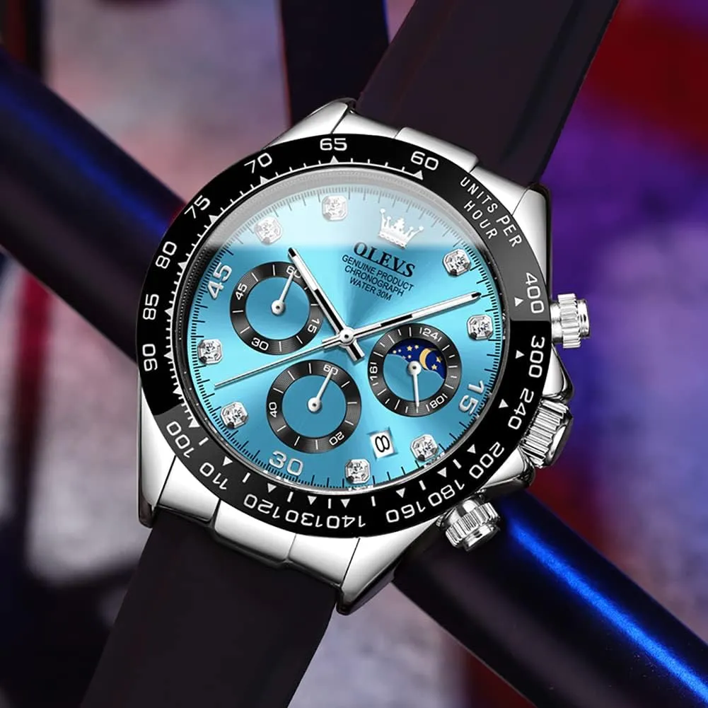 OLEVS Mens Watches Sport Silicone Band Chronograph Multifunction Luxury Diamond Moon Phase Analog Quartz Male Wrist Watches for Men Waterproof Luminous