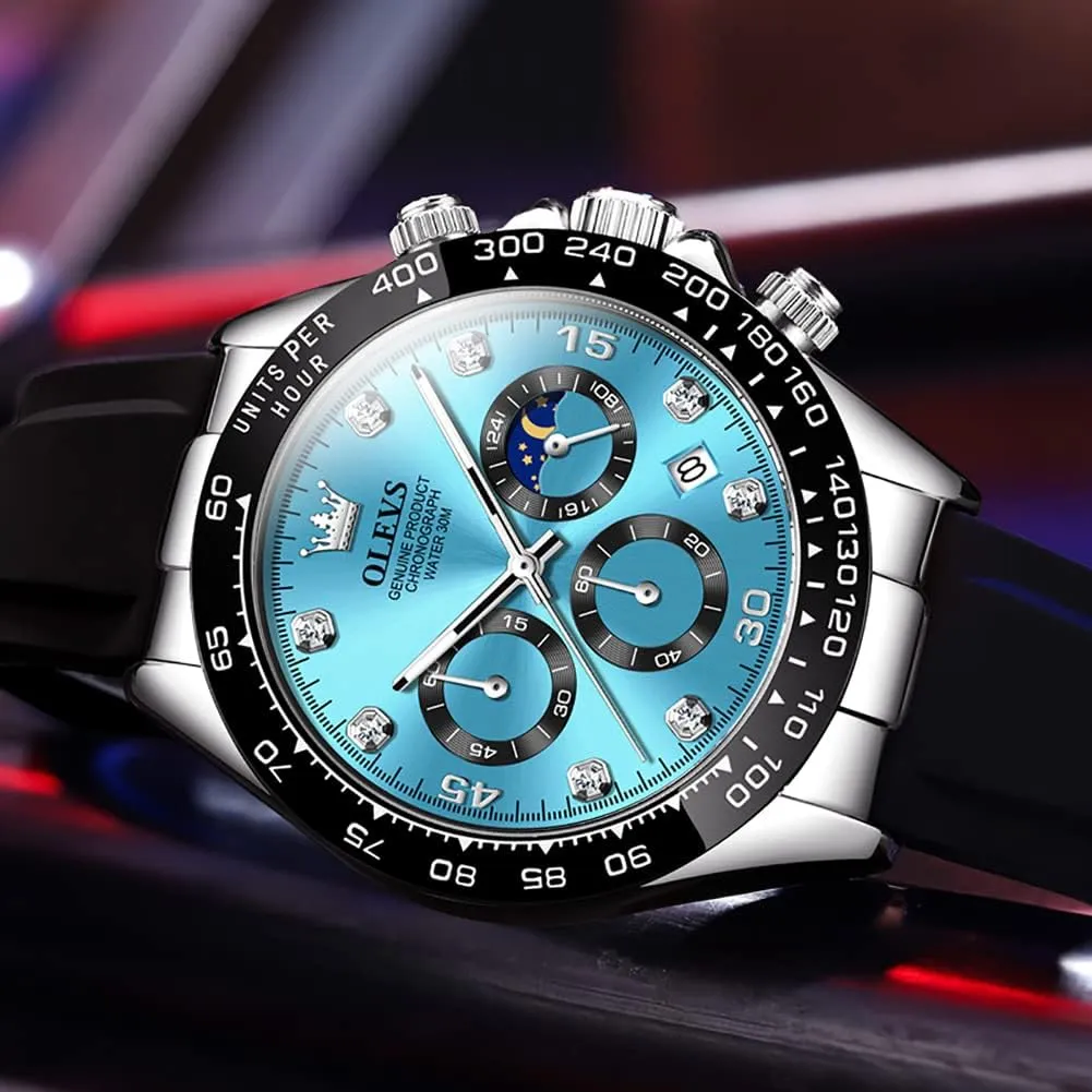 OLEVS Mens Watches Sport Silicone Band Chronograph Multifunction Luxury Diamond Moon Phase Analog Quartz Male Wrist Watches for Men Waterproof Luminous