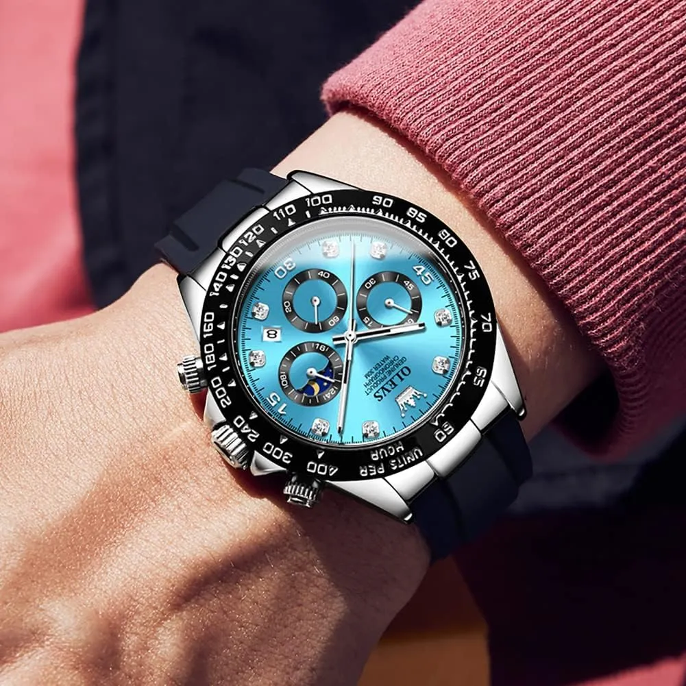 OLEVS Mens Watches Sport Silicone Band Chronograph Multifunction Luxury Diamond Moon Phase Analog Quartz Male Wrist Watches for Men Waterproof Luminous