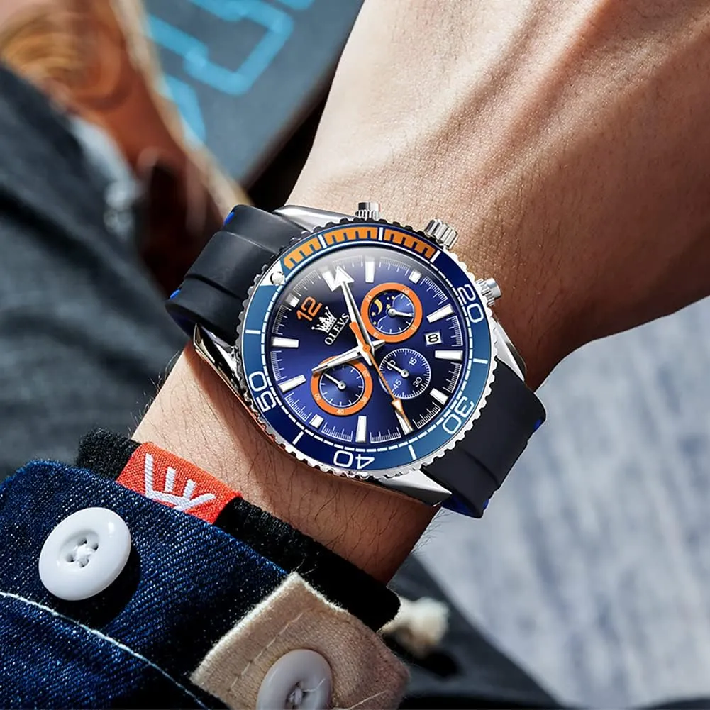 OLEVS Stylish Wrist Watch for Men,Silicone Strap Men Watches,Pro Diver Stainless Steel Chronograph Watch,Waterproof Date Dress Watch for Man,Large Face Male Watch