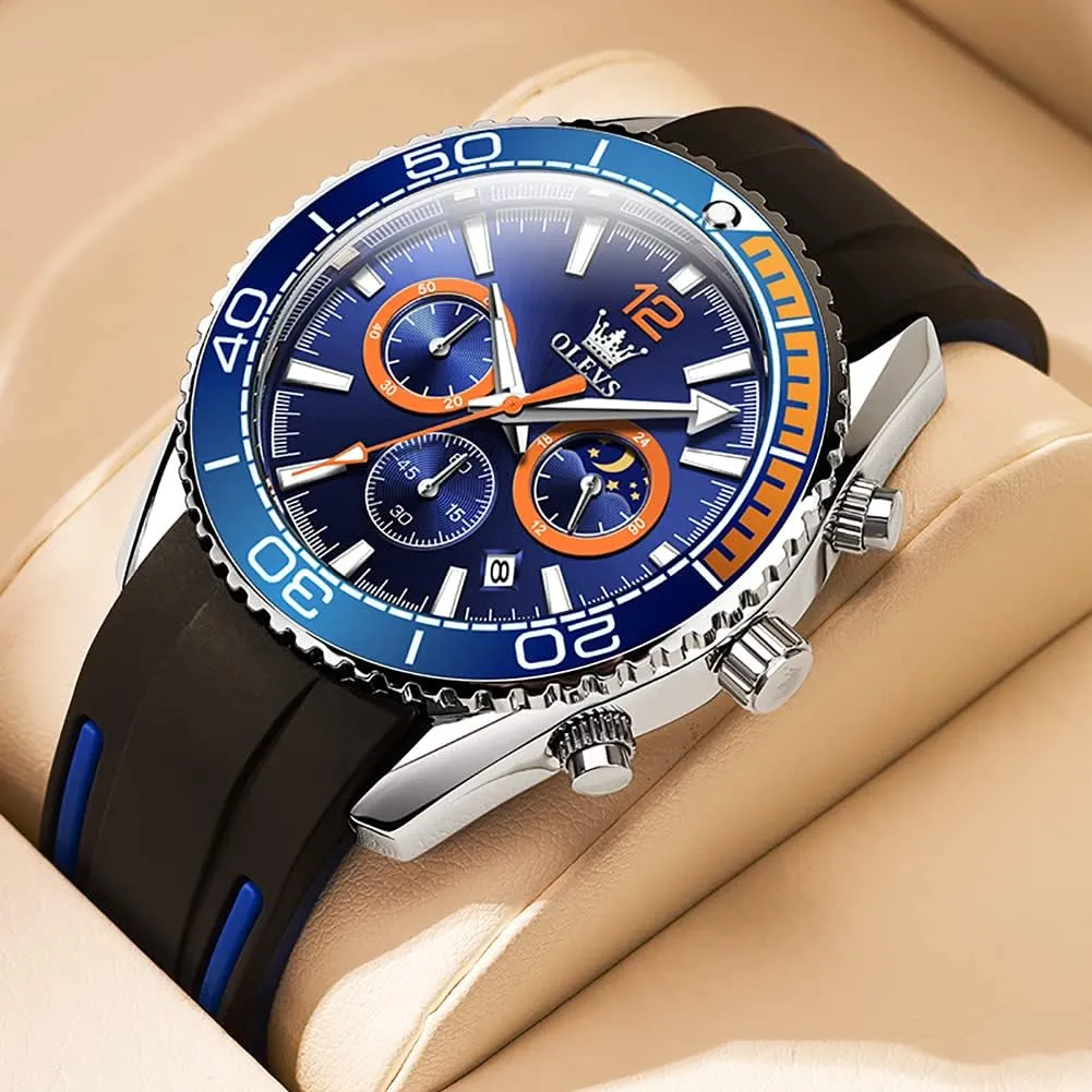 OLEVS Stylish Wrist Watch for Men,Silicone Strap Men Watches,Pro Diver Stainless Steel Chronograph Watch,Waterproof Date Dress Watch for Man,Large Face Male Watch