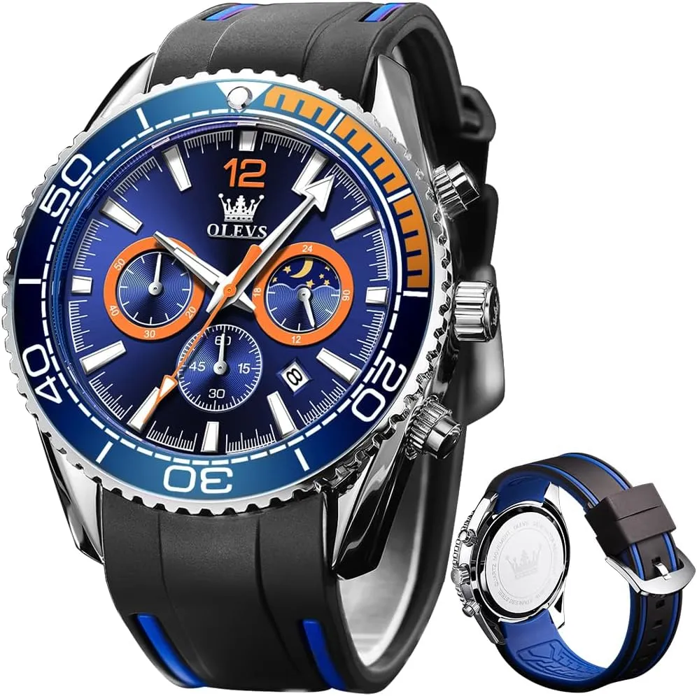 OLEVS Stylish Wrist Watch for Men,Silicone Strap Men Watches,Pro Diver Stainless Steel Chronograph Watch,Waterproof Date Dress Watch for Man,Large Face Male Watch