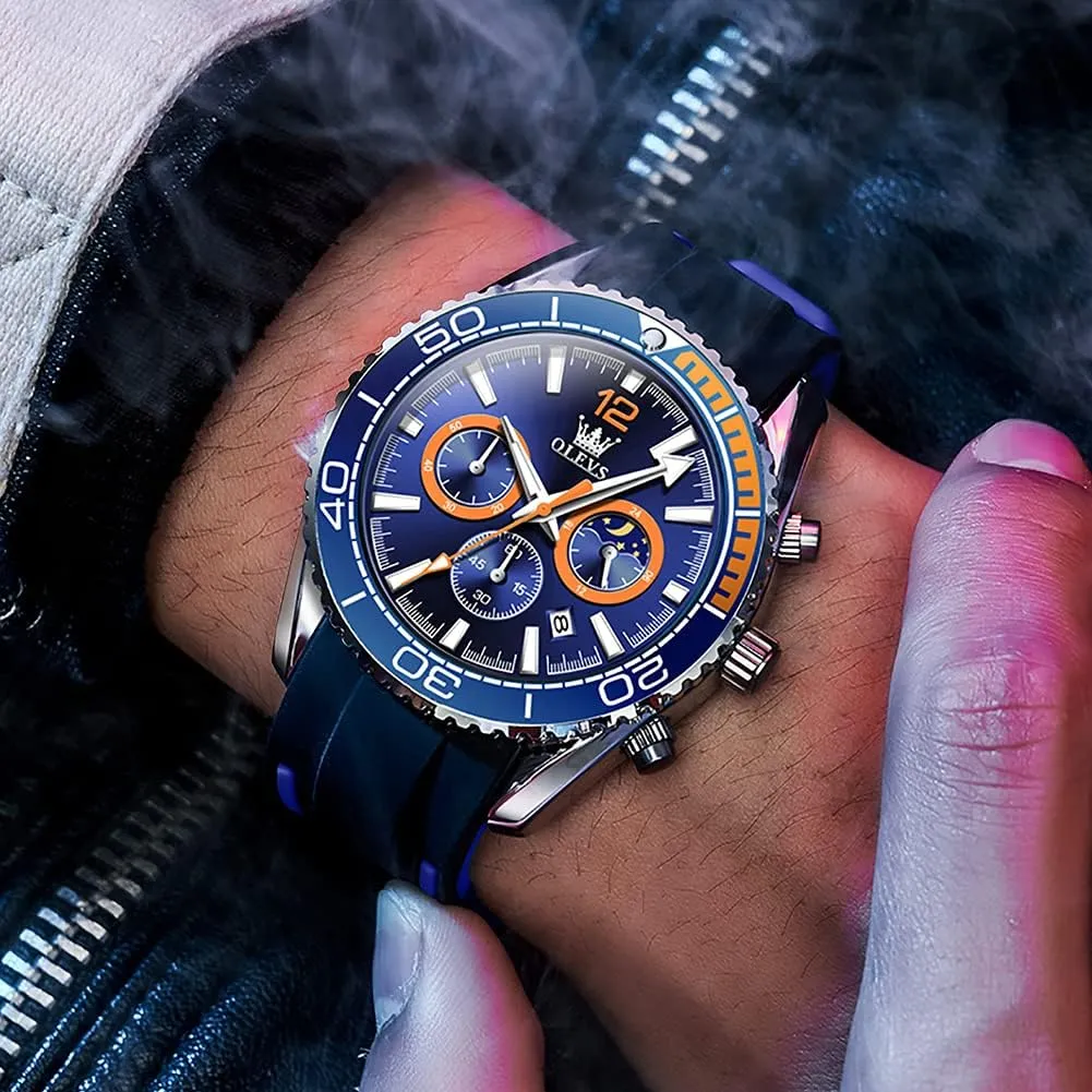 OLEVS Stylish Wrist Watch for Men,Silicone Strap Men Watches,Pro Diver Stainless Steel Chronograph Watch,Waterproof Date Dress Watch for Man,Large Face Male Watch