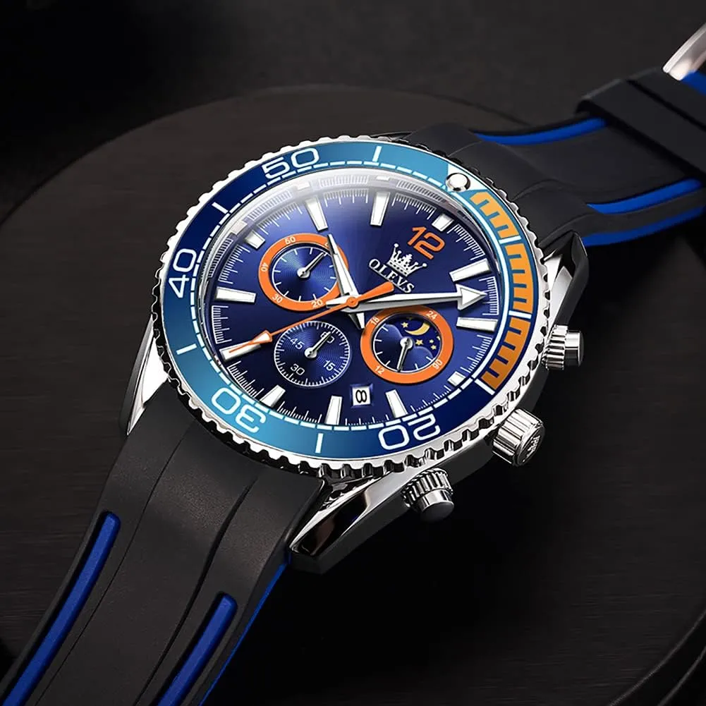 OLEVS Stylish Wrist Watch for Men,Silicone Strap Men Watches,Pro Diver Stainless Steel Chronograph Watch,Waterproof Date Dress Watch for Man,Large Face Male Watch