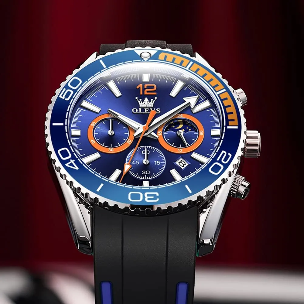 OLEVS Stylish Wrist Watch for Men,Silicone Strap Men Watches,Pro Diver Stainless Steel Chronograph Watch,Waterproof Date Dress Watch for Man,Large Face Male Watch