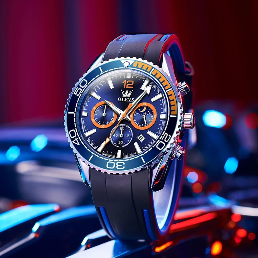 OLEVS Stylish Wrist Watch for Men,Silicone Strap Men Watches,Pro Diver Stainless Steel Chronograph Watch,Waterproof Date Dress Watch for Man,Large Face Male Watch