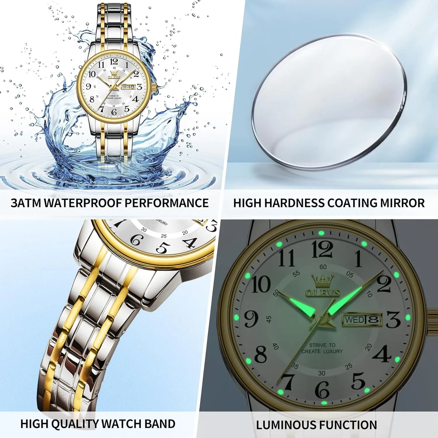 OLEVS Watch Women Two Tone Watches for Women with Date Dress Womens Watches for Small Wrists Luxury Easy Read Watches for Women Waterproof Blue/Black/Gold/Silver Dial Reloj para Mujer