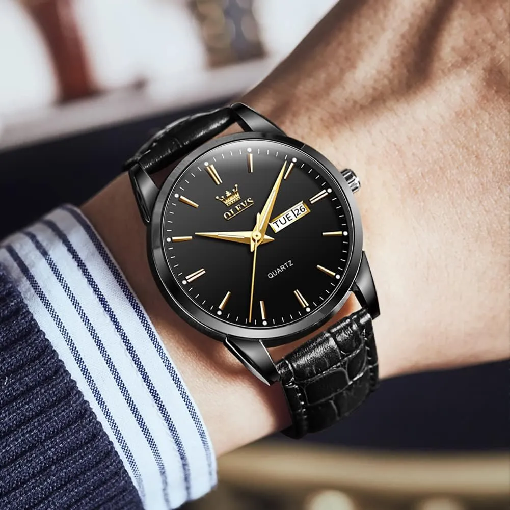 OLEVS Watches for Men Brown Leather Gold Case Analog Quartz Fashion Business Dress Watch Day Date Luminous Waterproof Casual Male Wrist Watches