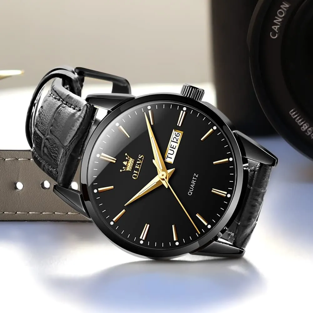 OLEVS Watches for Men Brown Leather Gold Case Analog Quartz Fashion Business Dress Watch Day Date Luminous Waterproof Casual Male Wrist Watches
