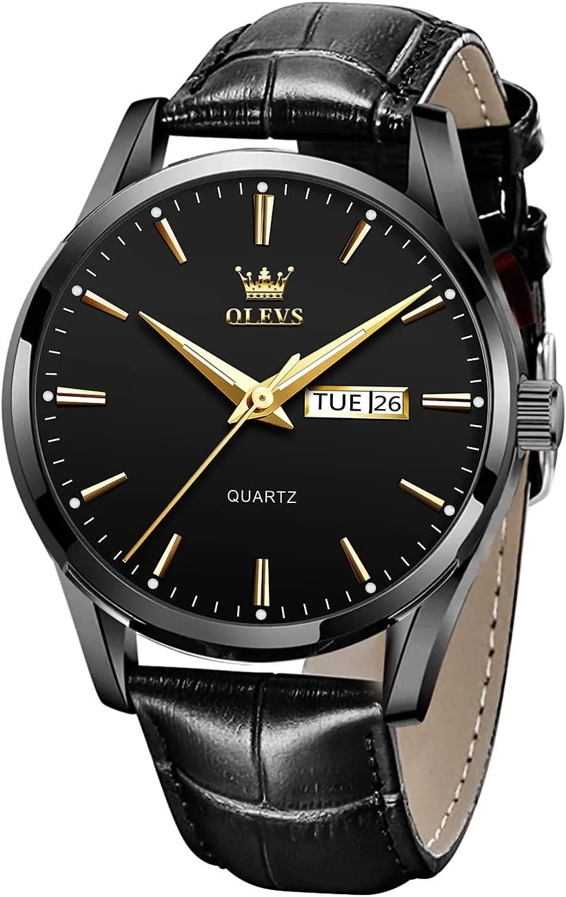 OLEVS Watches for Men Brown Leather Gold Case Analog Quartz Fashion Business Dress Watch Day Date Luminous Waterproof Casual Male Wrist Watches