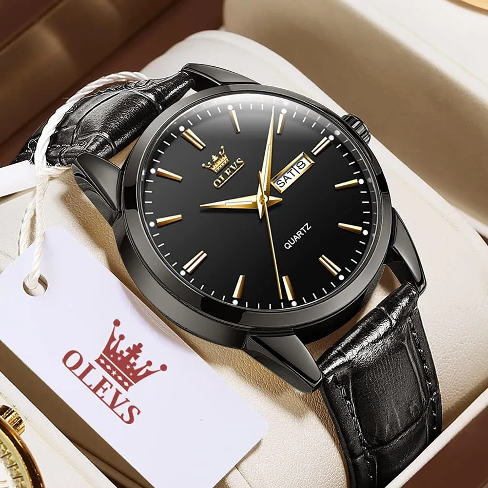 OLEVS Watches for Men Brown Leather Gold Case Analog Quartz Fashion Business Dress Watch Day Date Luminous Waterproof Casual Male Wrist Watches