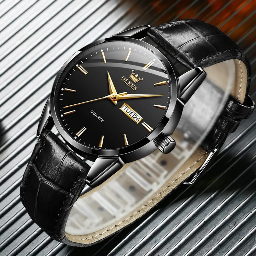 OLEVS Watches for Men Brown Leather Gold Case Analog Quartz Fashion Business Dress Watch Day Date Luminous Waterproof Casual Male Wrist Watches