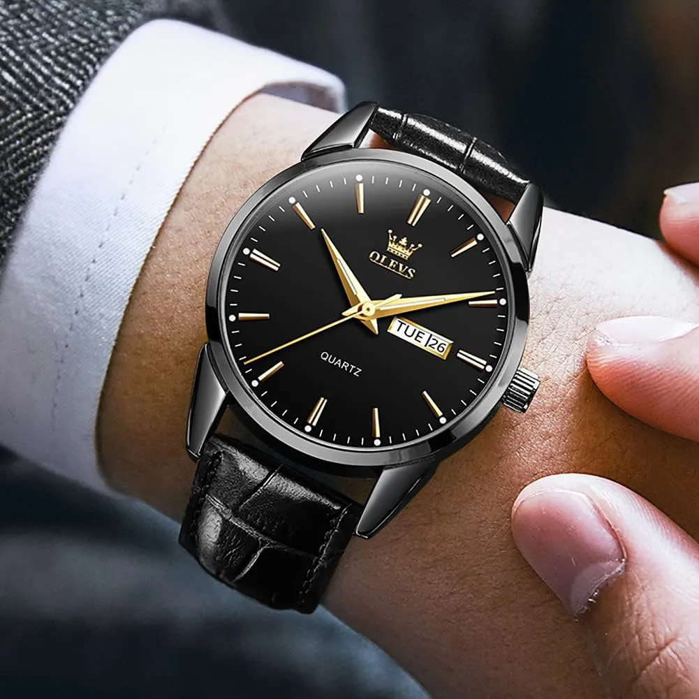 OLEVS Watches for Men Brown Leather Gold Case Analog Quartz Fashion Business Dress Watch Day Date Luminous Waterproof Casual Male Wrist Watches