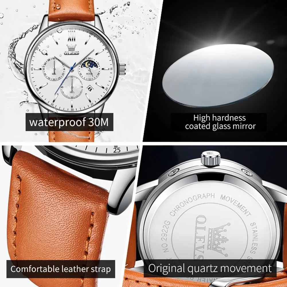 OLEVS Watches for Men Chronograph Big Face Leather Date Calendar Moon Phase Mens Wrist Watch Quartz Analog Luminous Waterproof Dress Men Watch