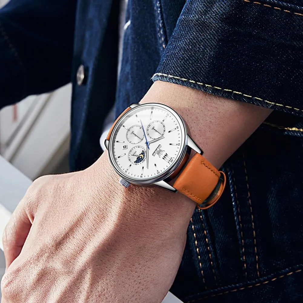 OLEVS Watches for Men Chronograph Big Face Leather Date Calendar Moon Phase Mens Wrist Watch Quartz Analog Luminous Waterproof Dress Men Watch