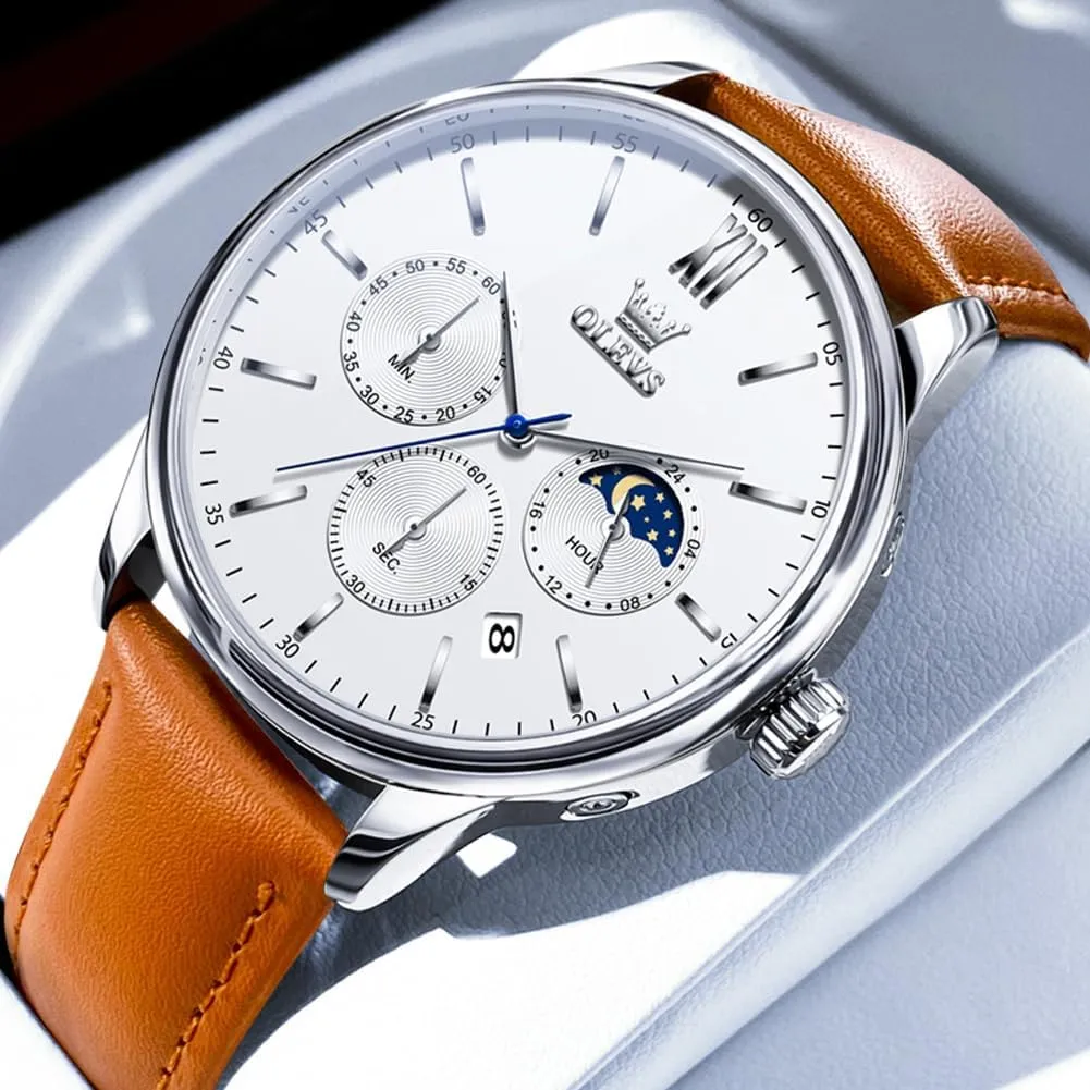 OLEVS Watches for Men Chronograph Big Face Leather Date Calendar Moon Phase Mens Wrist Watch Quartz Analog Luminous Waterproof Dress Men Watch
