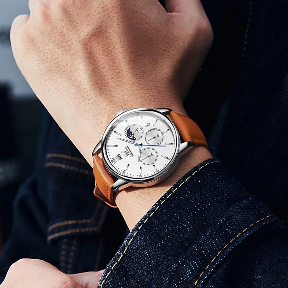 OLEVS Watches for Men Chronograph Big Face Leather Date Calendar Moon Phase Mens Wrist Watch Quartz Analog Luminous Waterproof Dress Men Watch