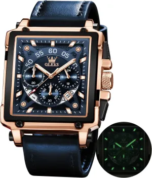 OLEVS Watches for Men Quartz Chronograph Leather Fashion Dress Watch Date Waterproof Luminous Casual Square Business Wrist Watches 