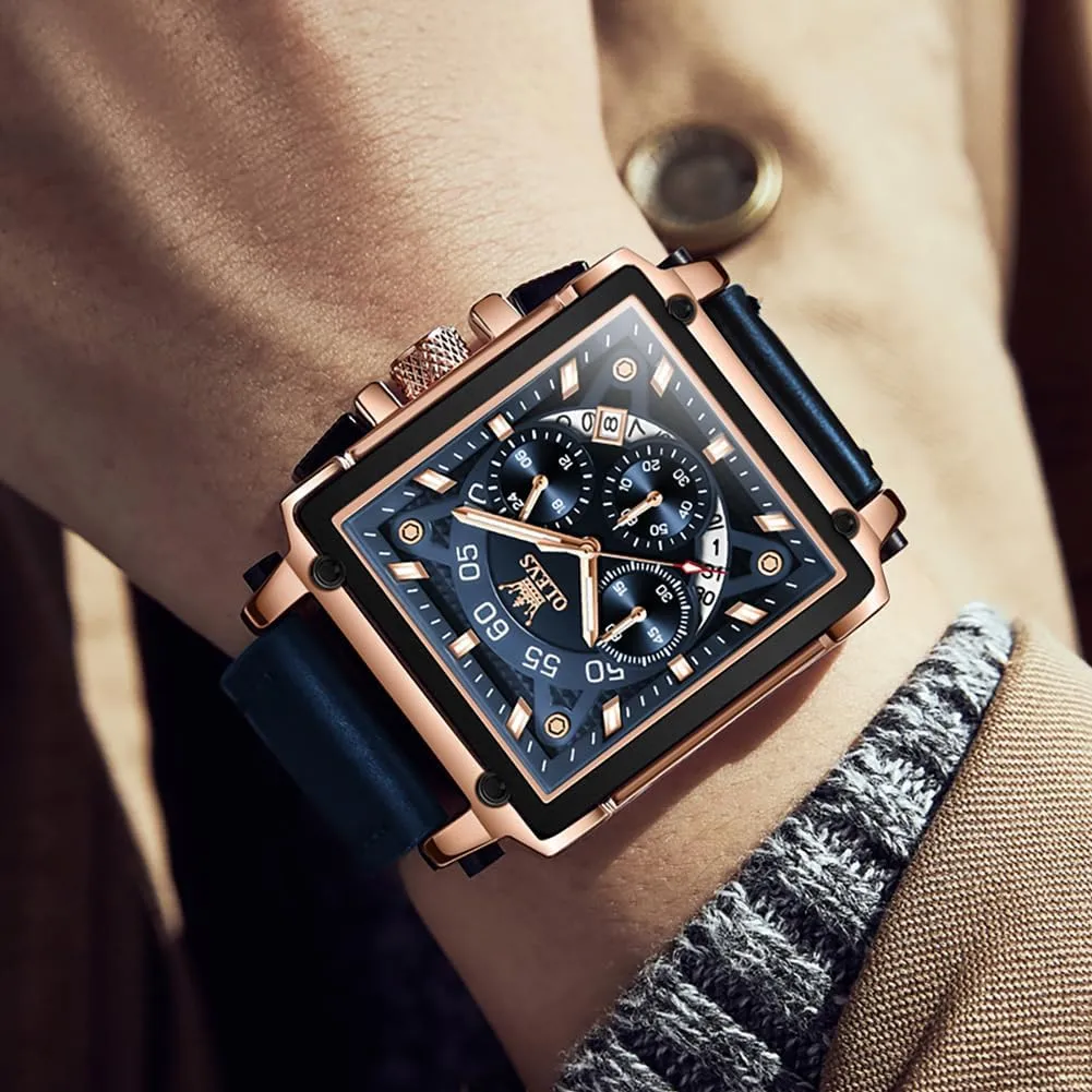 OLEVS Watches for Men Quartz Chronograph Leather Fashion Dress Watch Date Waterproof Luminous Casual Square Business Wrist Watches 