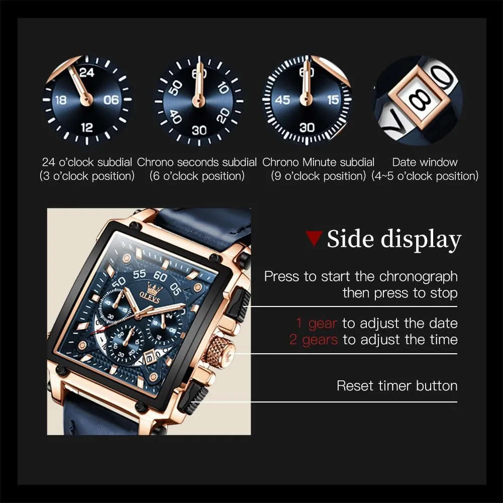 OLEVS Watches for Men Quartz Chronograph Leather Fashion Dress Watch Date Waterproof Luminous Casual Square Business Wrist Watches 