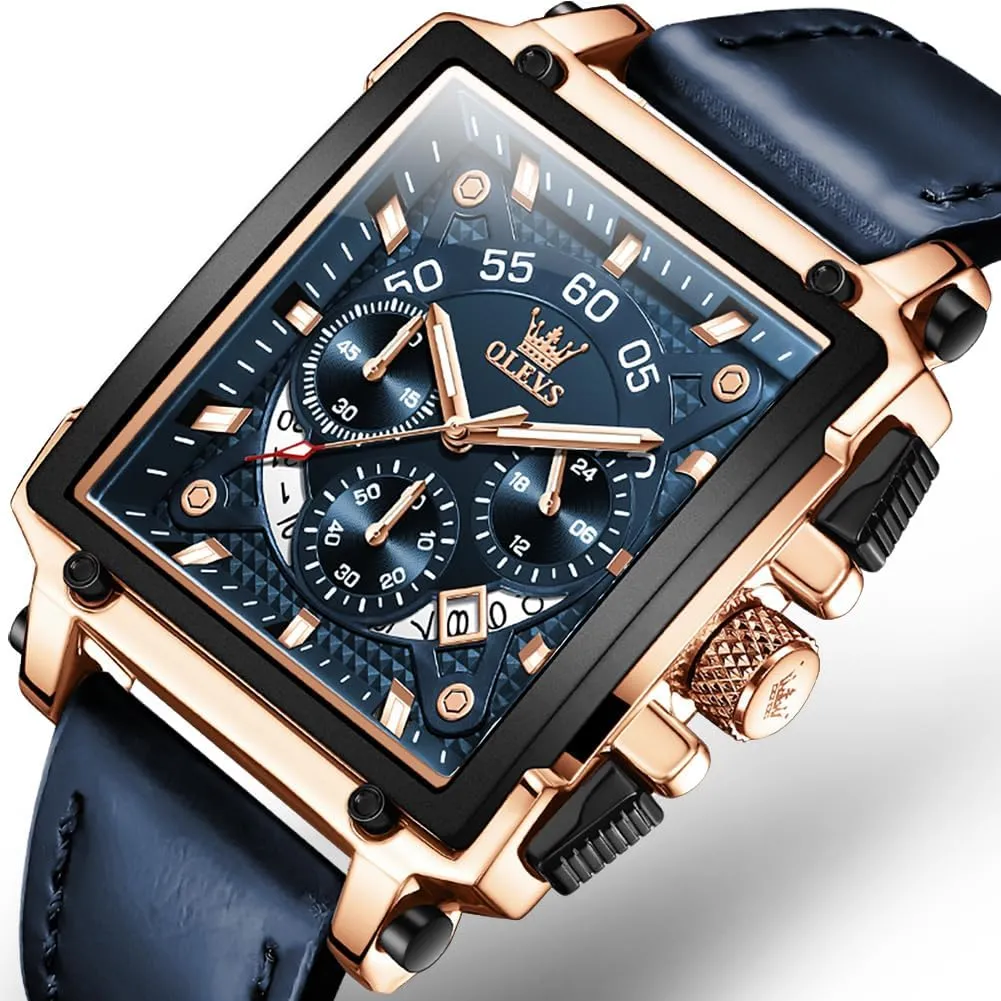 OLEVS Watches for Men Quartz Chronograph Leather Fashion Dress Watch Date Waterproof Luminous Casual Square Business Wrist Watches 