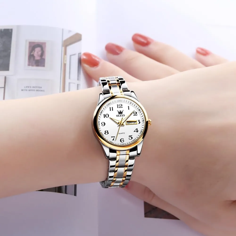 OLEVS Women Watches Date and Day,Ladies Watches with Silver Gold Stainless Steel,Elegent Female for Small Wrist Watch(White/Black/Blue/Gold Face)