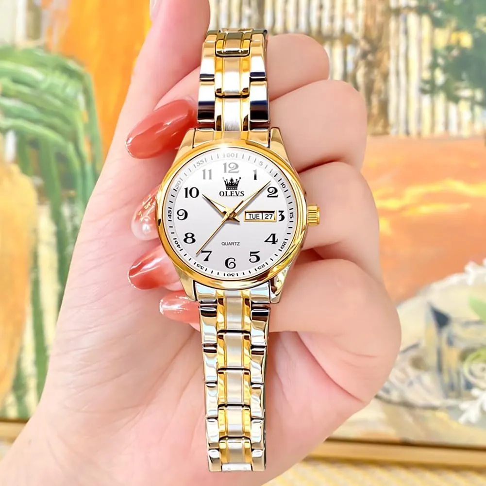 OLEVS Women Watches Date and Day,Ladies Watches with Silver Gold Stainless Steel,Elegent Female for Small Wrist Watch(White/Black/Blue/Gold Face)