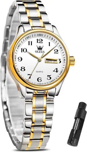 OLEVS Women Watches Date and Day,Ladies Watches with Silver Gold Stainless Steel,Elegent Female for Small Wrist Watch(White/Black/Blue/Gold Face)