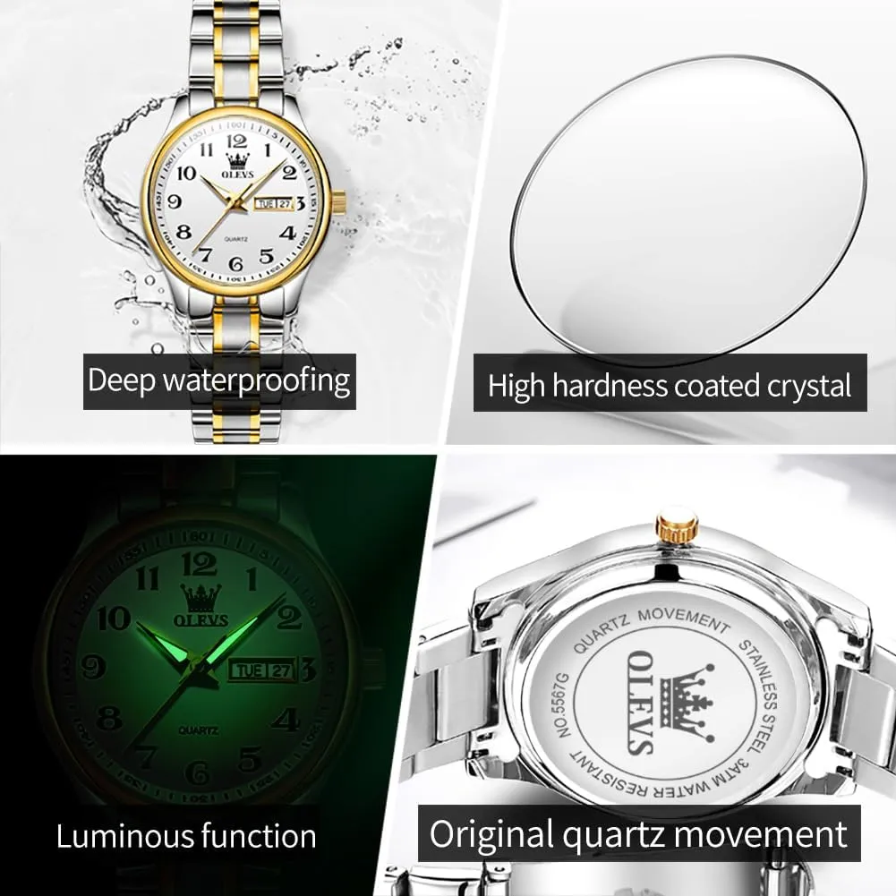 OLEVS Women Watches Date and Day,Ladies Watches with Silver Gold Stainless Steel,Elegent Female for Small Wrist Watch(White/Black/Blue/Gold Face)