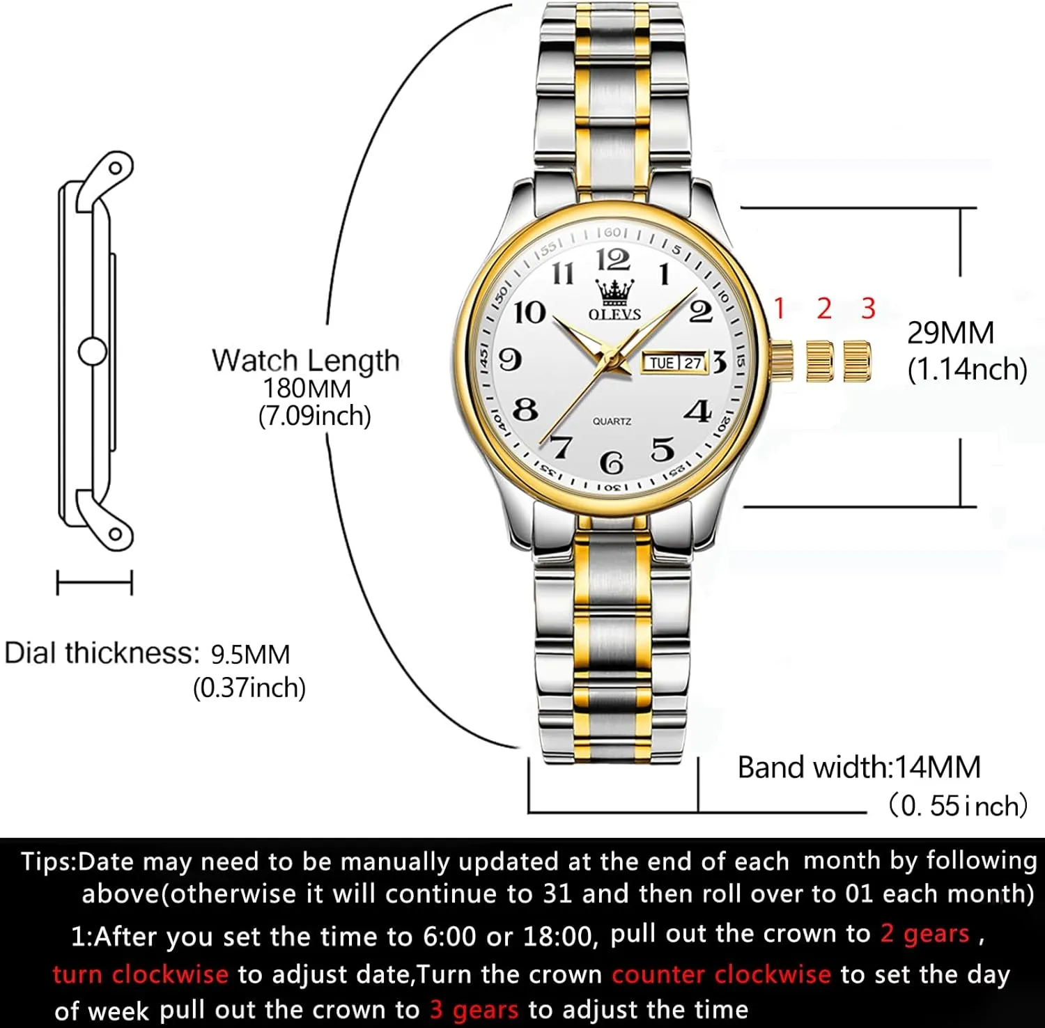 OLEVS Women Watches Date and Day,Ladies Watches with Silver Gold Stainless Steel,Elegent Female for Small Wrist Watch(White/Black/Blue/Gold Face)