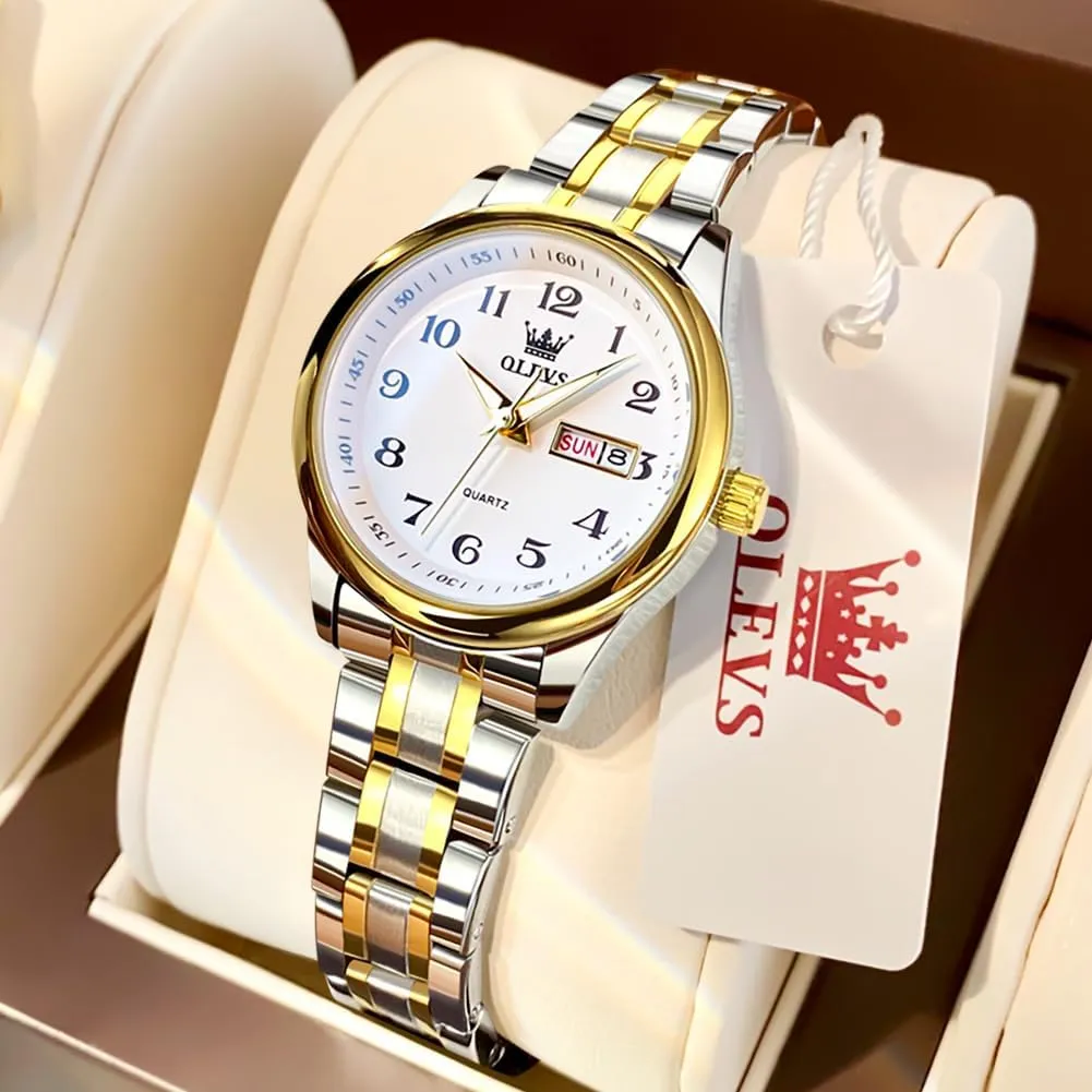 OLEVS Women Watches Date and Day,Ladies Watches with Silver Gold Stainless Steel,Elegent Female for Small Wrist Watch(White/Black/Blue/Gold Face)