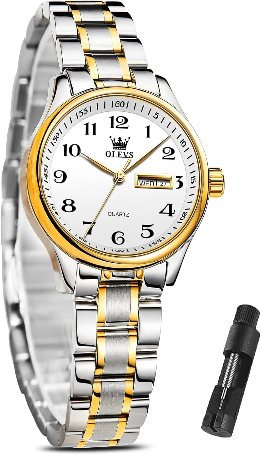 OLEVS Women Watches Date and Day,Ladies Watches with Silver Gold Stainless Steel,Elegent Female for Small Wrist Watch(White/Black/Blue/Gold Face)