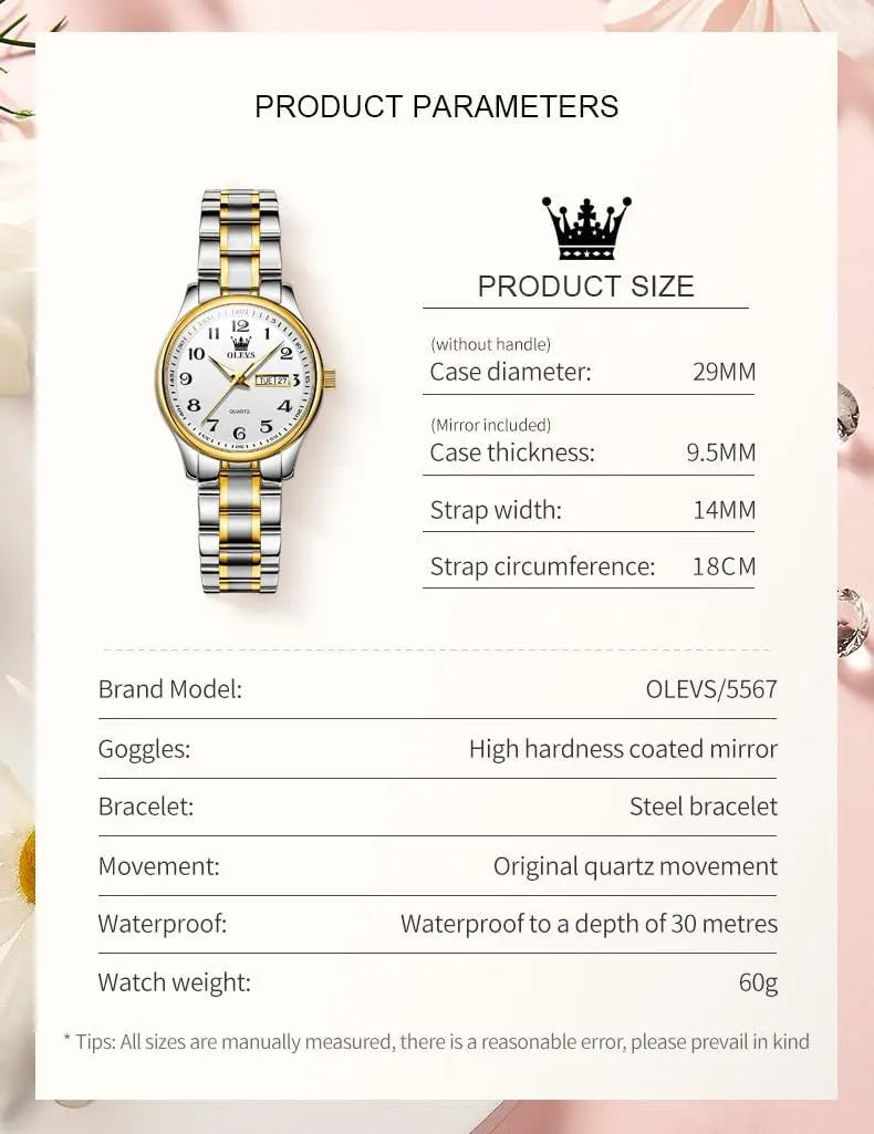 OLEVS Women Watches Date and Day,Ladies Watches with Silver Gold Stainless Steel,Elegent Female for Small Wrist Watch(White/Black/Blue/Gold Face)